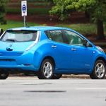 A Nissan Leaf charges its batteries at Nash Square (also spotted a Tesla Roadster charging here)