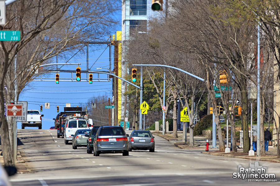 Looking down McDowell Street towards the new Green Square pedestrian sky bridge