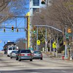 Looking down McDowell Street towards the new Green Square pedestrian sky bridge