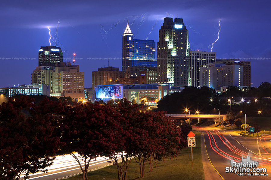 Lightning storm behind the city of Raleigh