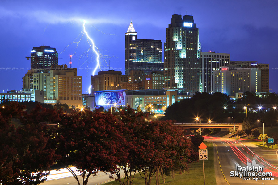 Lightning strikes behind downtown Raleigh