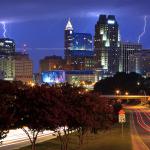 Lightning storm behind the city of Raleigh