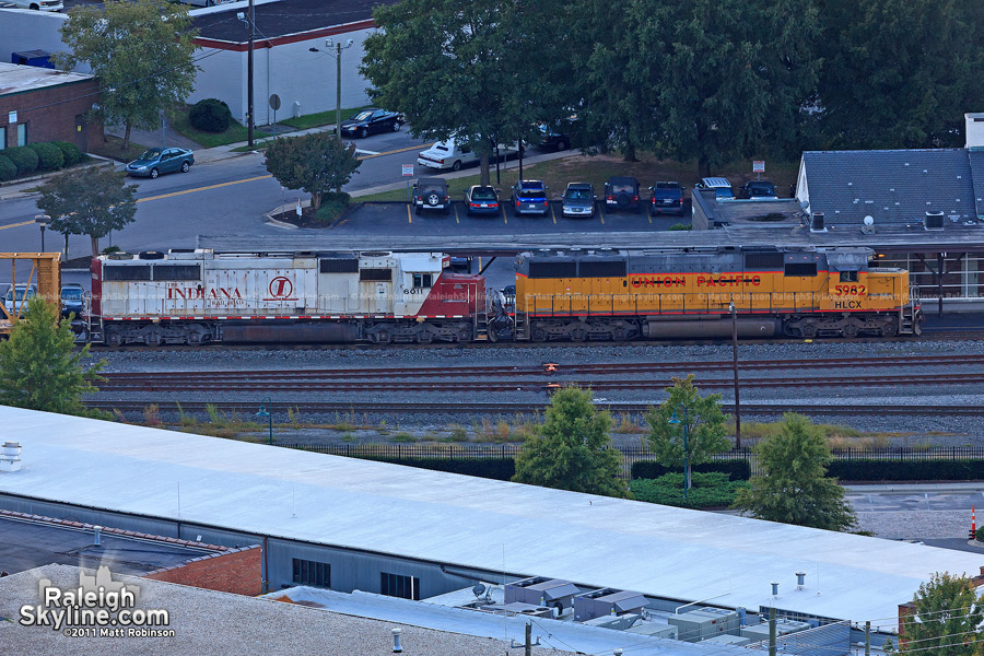 Several locomotives far away from their original home: Indiana Railroad and Union Pacific seen in Raleigh