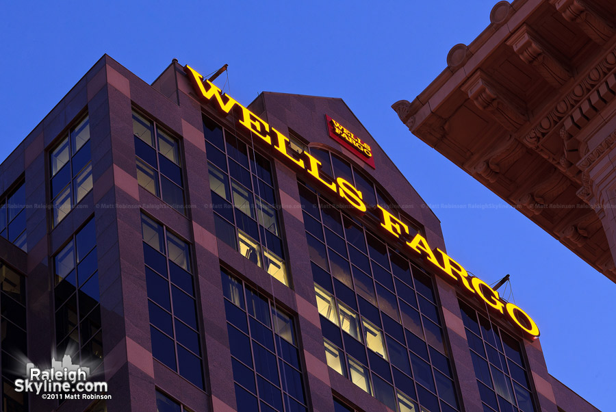 Wells Fargo sign, burning through the night