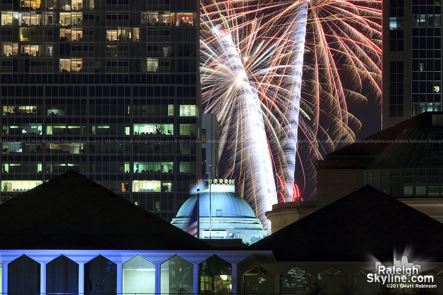 Fireworks stream behind Raleigh's Capitol dome