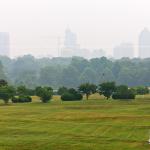 Wildfire smokey city of Raleigh from Dorothea Dix