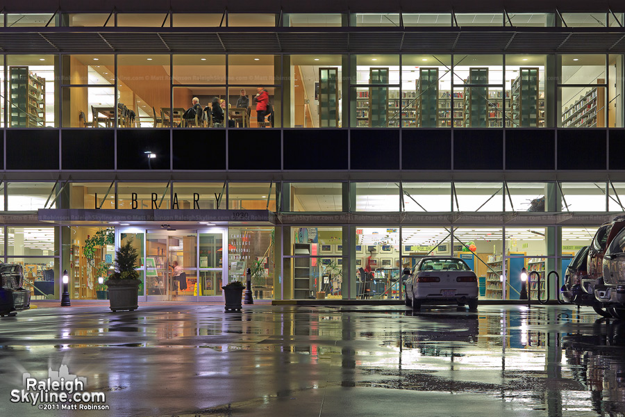 Cameron Village Regional Library on a rainy night