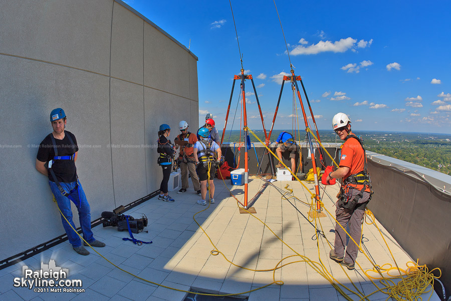 People rappelling down the side of the building for "Over the Edge" 