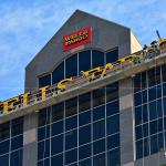 Ground level view of the stage scaffolding for the Wells Fargo sign