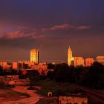 Multi-colored Sunset and Lightning with downtown Raleigh