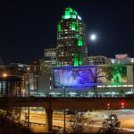 Full moon and Jupiter over the Raleigh skyline