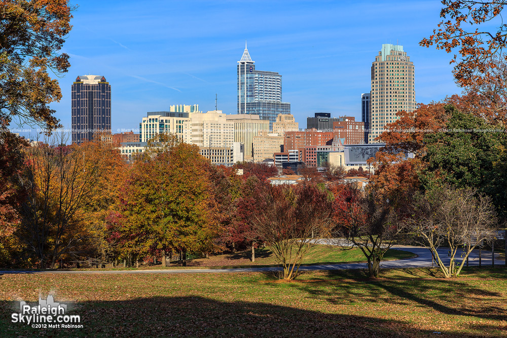 Fall colors and Raleigh Skyline from Dorothea Dix Campus