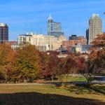 Fall colors and Raleigh Skyline from Dorothea Dix Campus