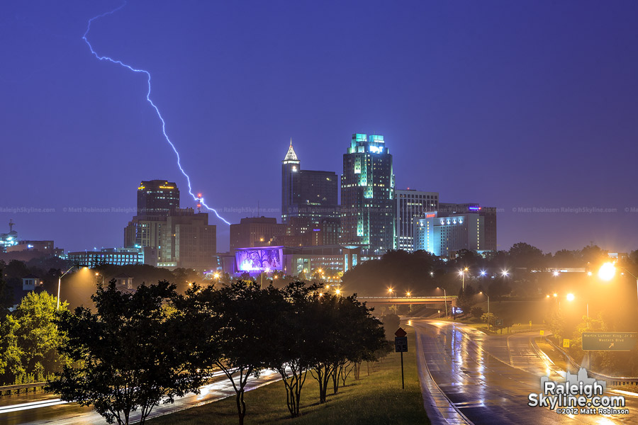 Lightning strikes behind downtown Raleigh