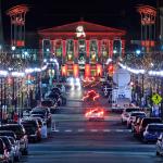 Looking down Fayetteville Street at Les Misérables lighting 