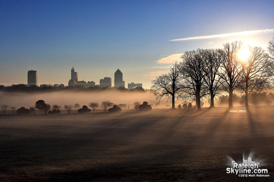 Sunrise with downtown Raleigh Skyline and fog