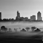 Black and White Morning fog with Raleigh Skyline