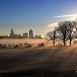 Sunrise with downtown Raleigh Skyline and fog