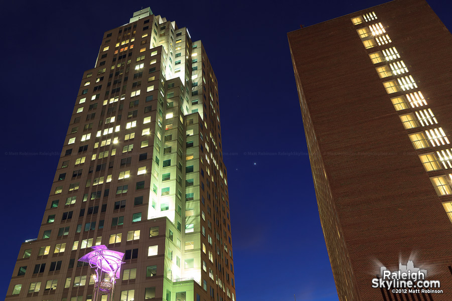 Venus and Jupiter pair between buildings from City Plaza