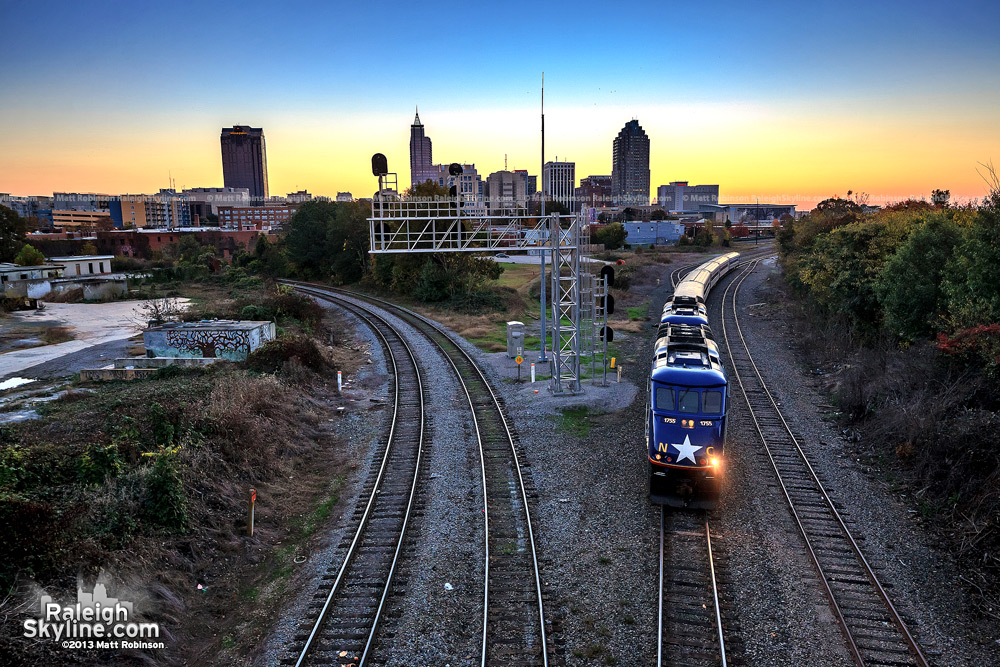 Amtrak backs into Raleigh station from Boylan Avenue Bridge