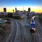 Amtrak backs into Raleigh station from Boylan Avenue Bridge