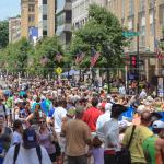 Crowds cheer on participants of the Ironman on Fayetteville Street