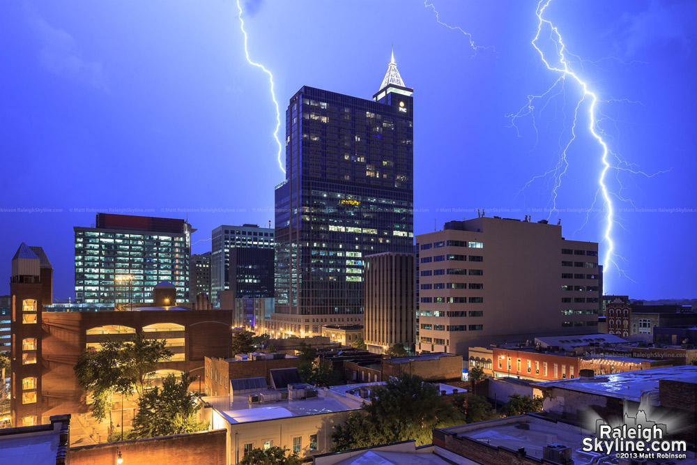 Close lightning strikes around PNC Plaza in downtown Raleigh