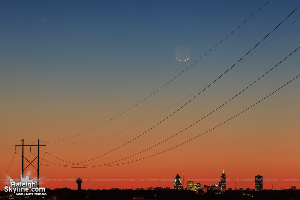 Wider view of Comet Panstarrs with downtown Raleigh