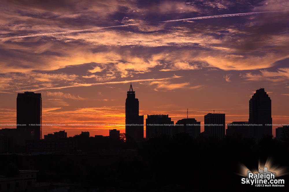 Raleigh skyline silhouette at sunrise