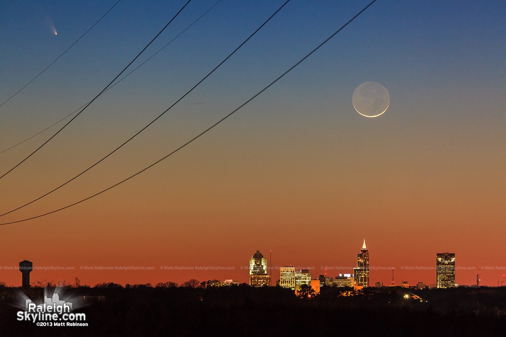  Comet Panstarrs (upper left) with the crescent moon and the Raleigh Skyline