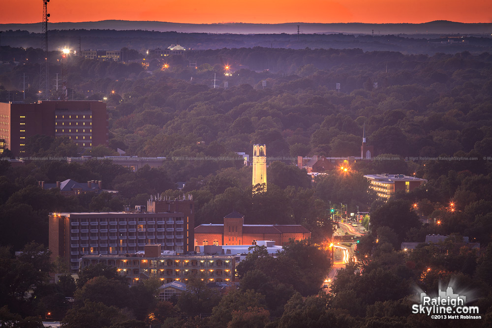 Sunset towers and NCSU Belltower from PNC Plaza