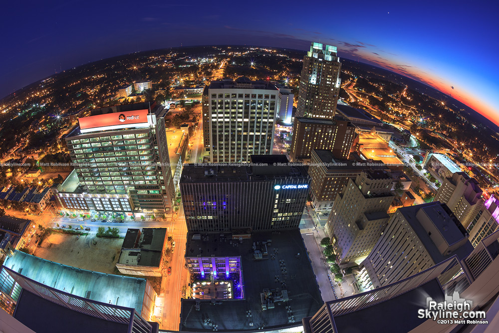 View looking south at sunset of downtown Raleigh from PNC Plaza