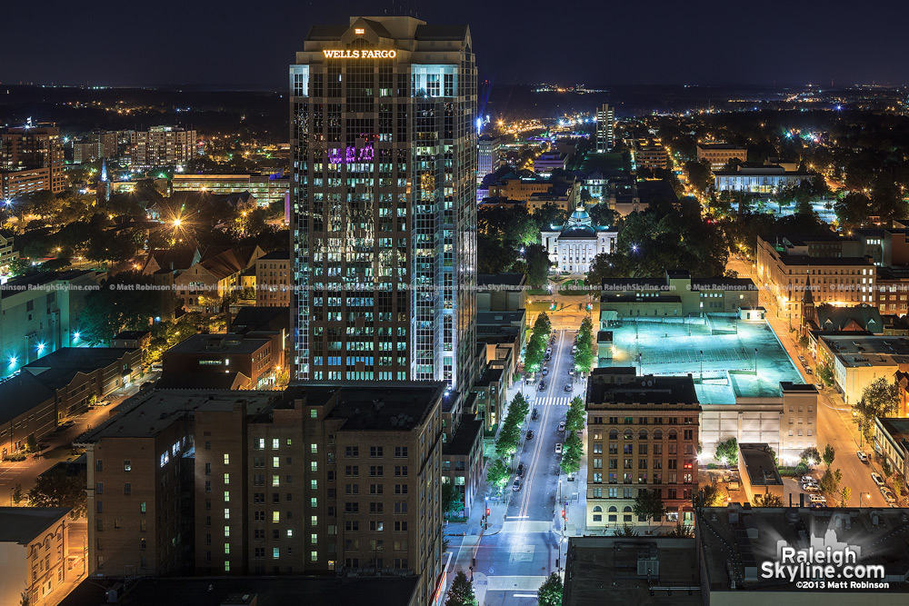 View looking north from PNC Plaza of Wells Fargo Building and NC State Capitol