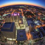 View looking west at sunset of downtown Raleigh from PNC Plaza