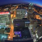 View looking south at sunset of downtown Raleigh from PNC Plaza