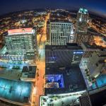 Fisheye view looking south at night of downtown Raleigh from PNC Plaza