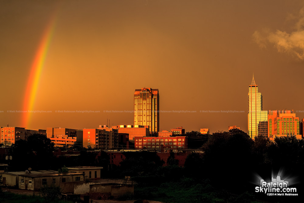 Rainbow and sunset over Raleigh Skyline - August 8, 2012