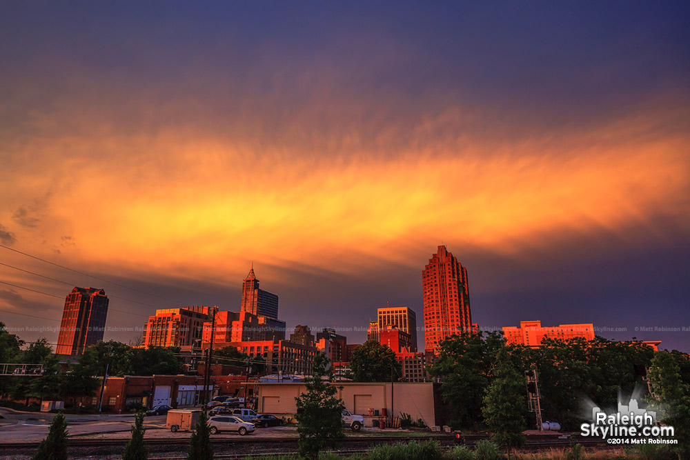 Sunset rays over downtown Raleigh - June 13, 2013