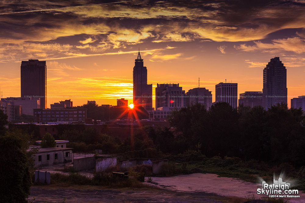 Raleigh skyline sunburst sunrise - October 3, 2013