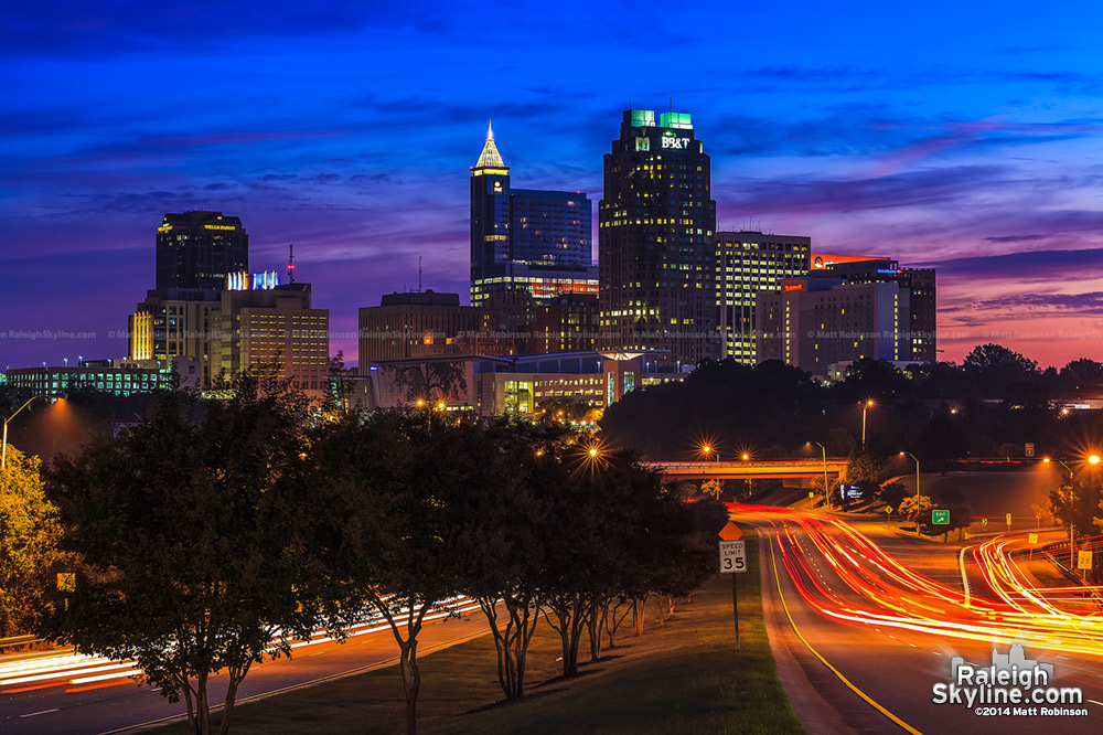 Downtown Raleigh skyline with blue and pink sunrise - October 3, 2013