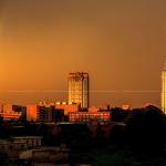 Rainbow and sunset over Raleigh Skyline - August 8, 2012