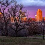 Old trees on Dix Hill with purple sunset over Downtown Raleigh - February 3, 2013