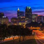 Downtown Raleigh skyline with blue and pink sunrise - October 3, 2013