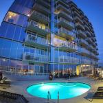 Pool at PNC Plaza terrace after sunset