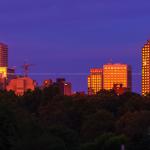 Sunset reflections shine on the Raleigh Skyline