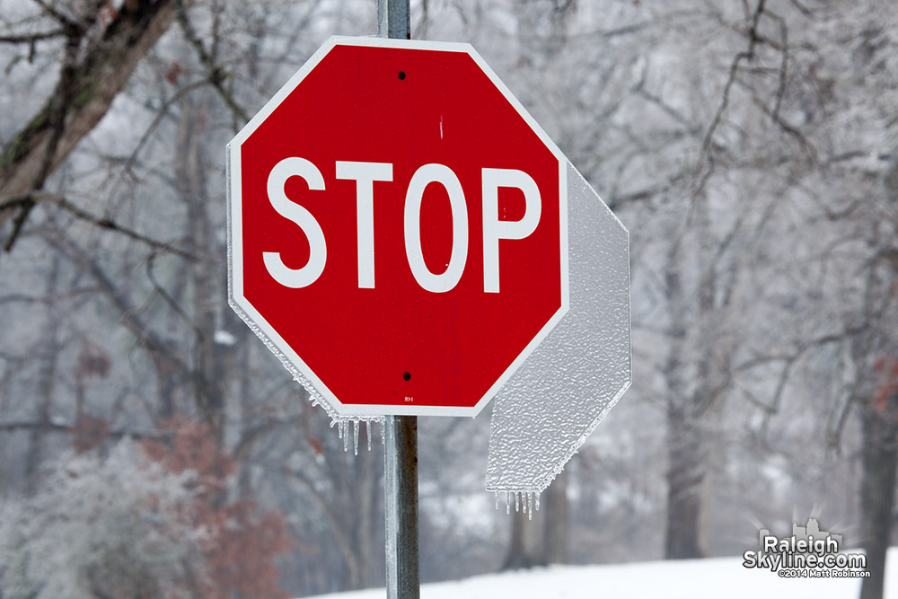 Stop sign with hexagonal ice formation