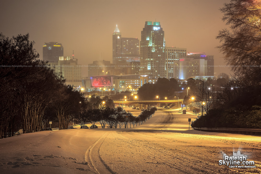 Downtown Raleigh after snow and ice at night