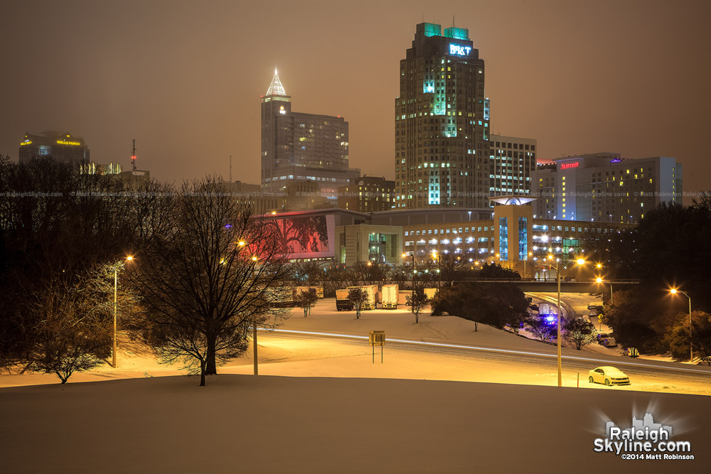 Downtown Raleigh Skyline at night with snow