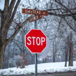 Ice covered stop sign and street signs at Dorothea Dix 