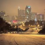 Downtown Raleigh after snow and ice at night